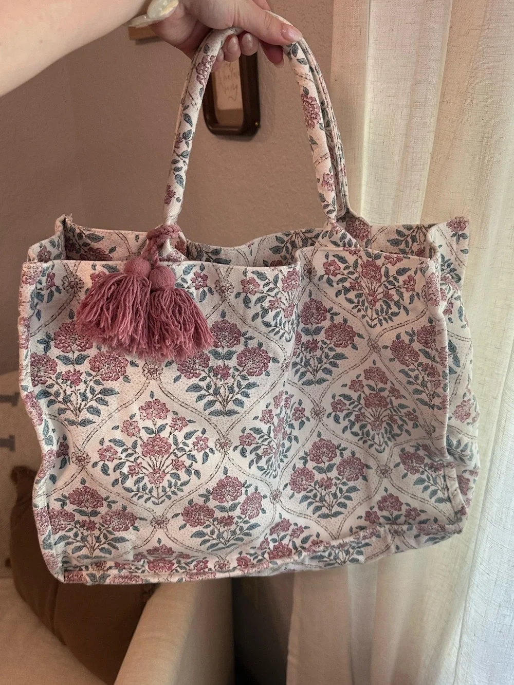 & Other Stories Pink Floral Canvas Tote with Tassel Accent